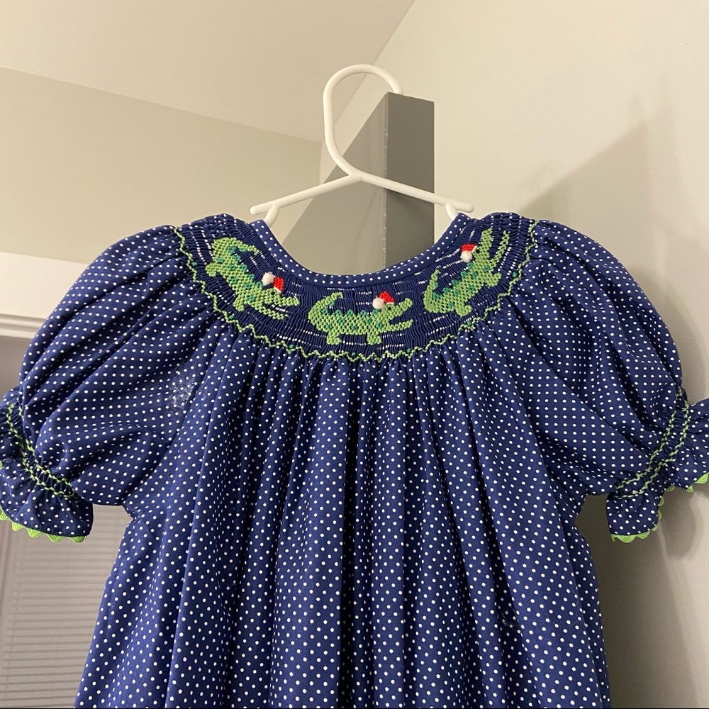 lolly wooly doodle big girls smocked alligator santa christmas dress - size 7